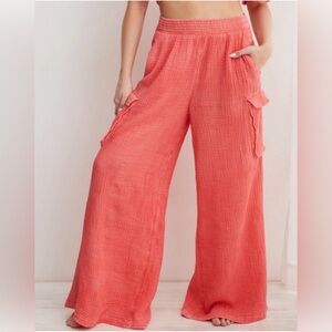 AE Aerie Pool to Party Cargo High Rise Woven Gauze Slouchy Pants Coral